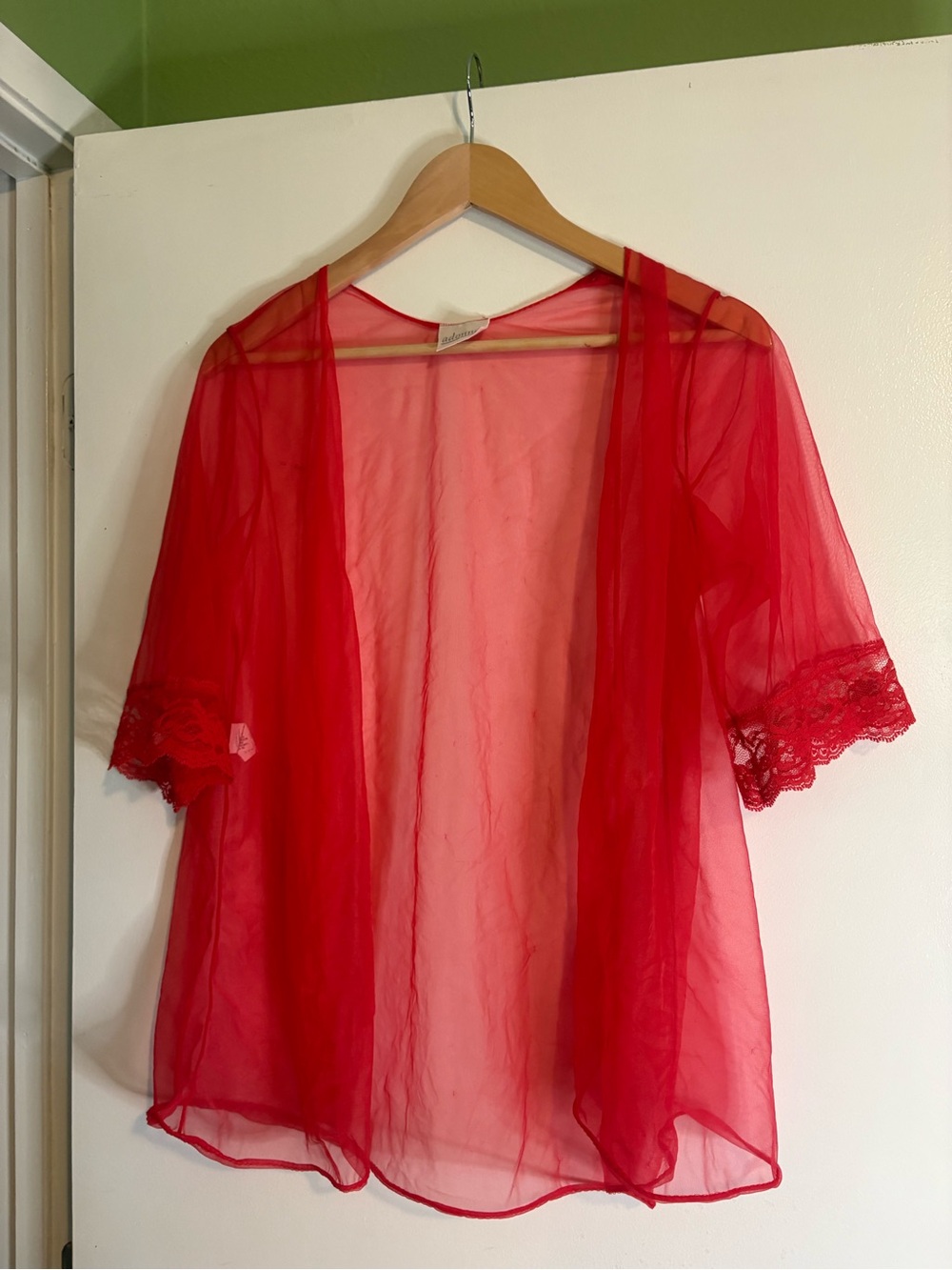 Adonna Sheer Red Lace-Trim Kimono Robe